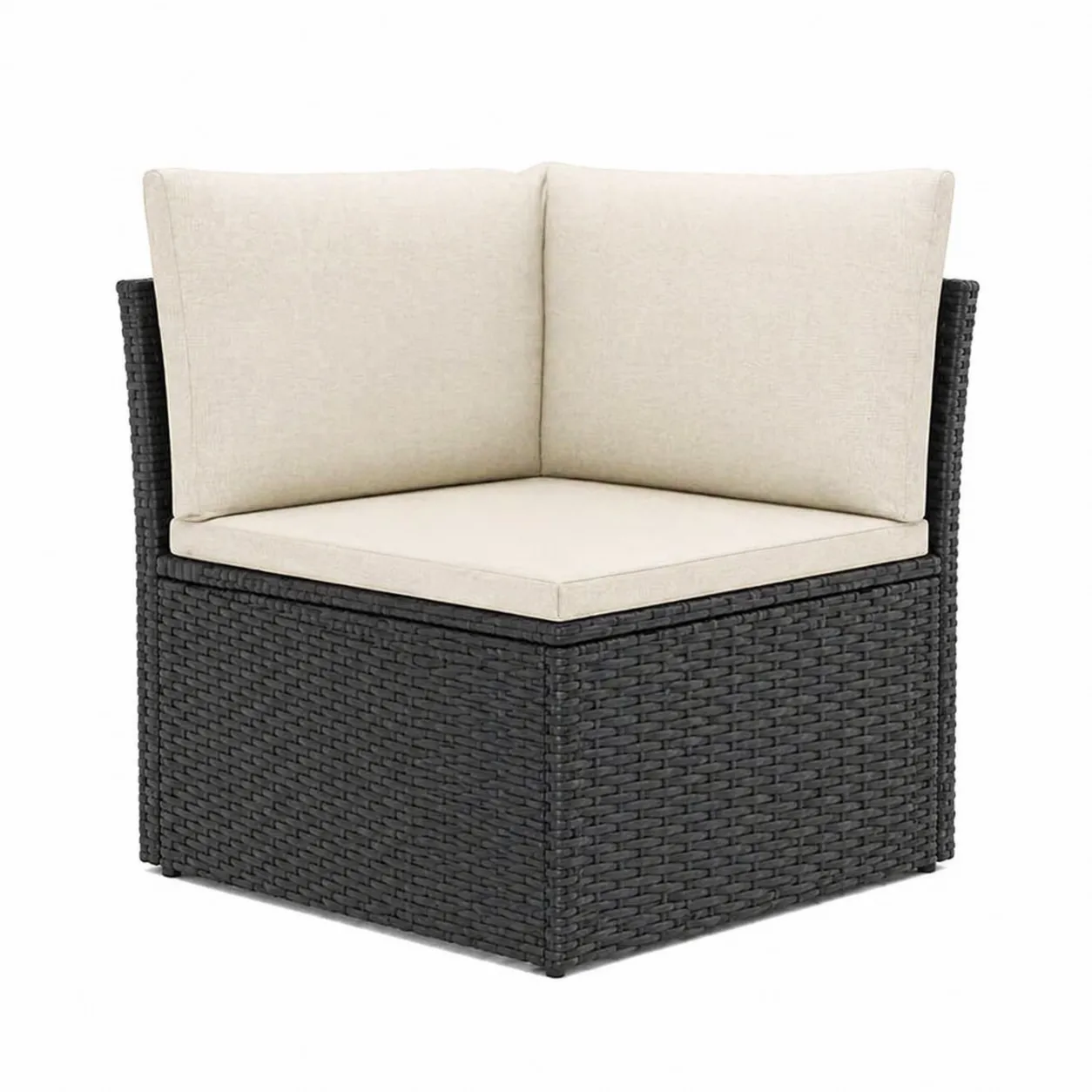 Canapé d'angle en résine tressée avec coussins en tissu