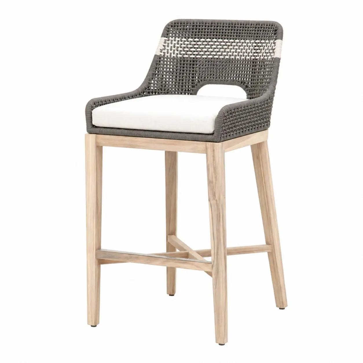 Tabouret de bar en teck et résine tressée avec assise rembourrée - Gris/Blanc 105cm