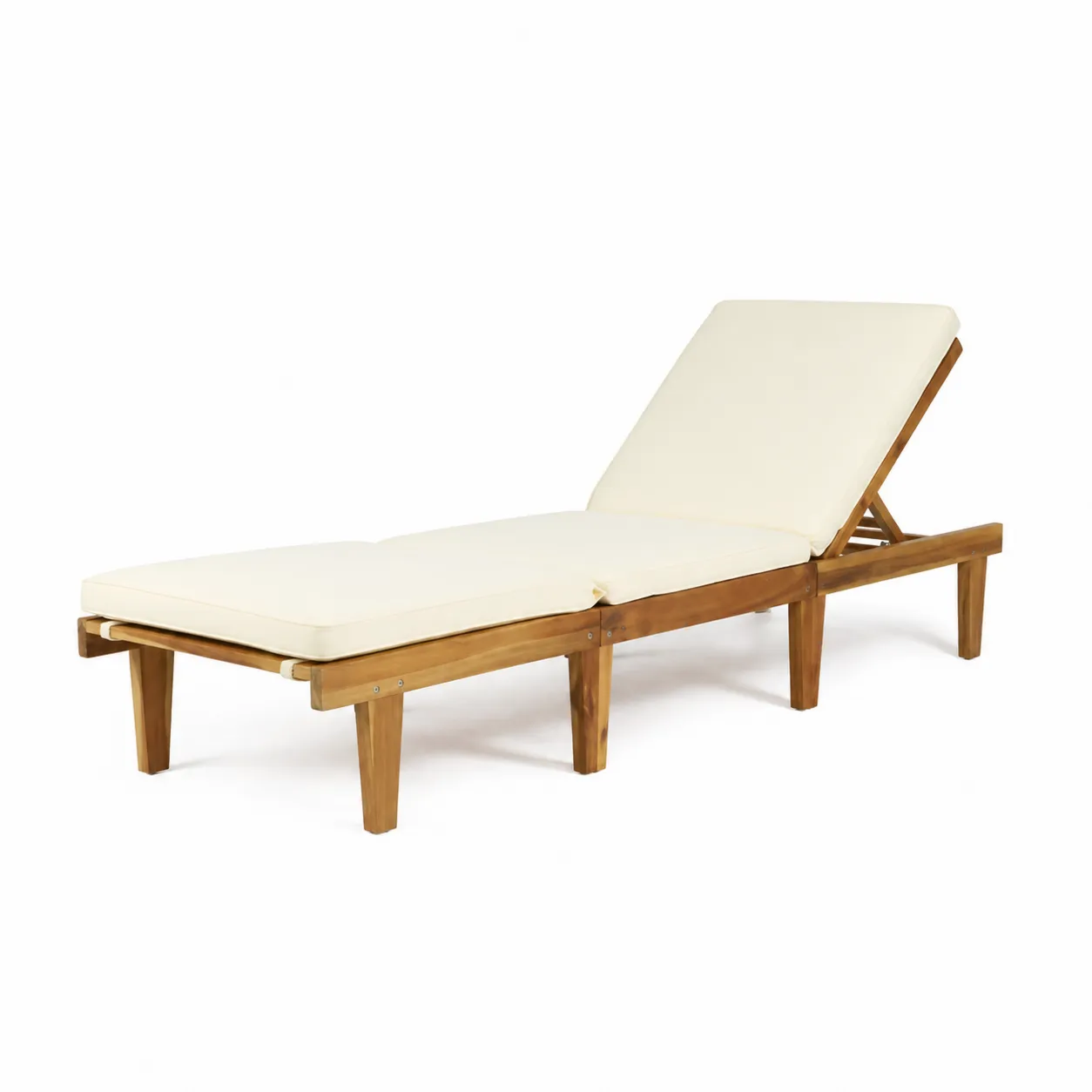 Chaise Longue en Bois d'Acacia avec Coussin Crème