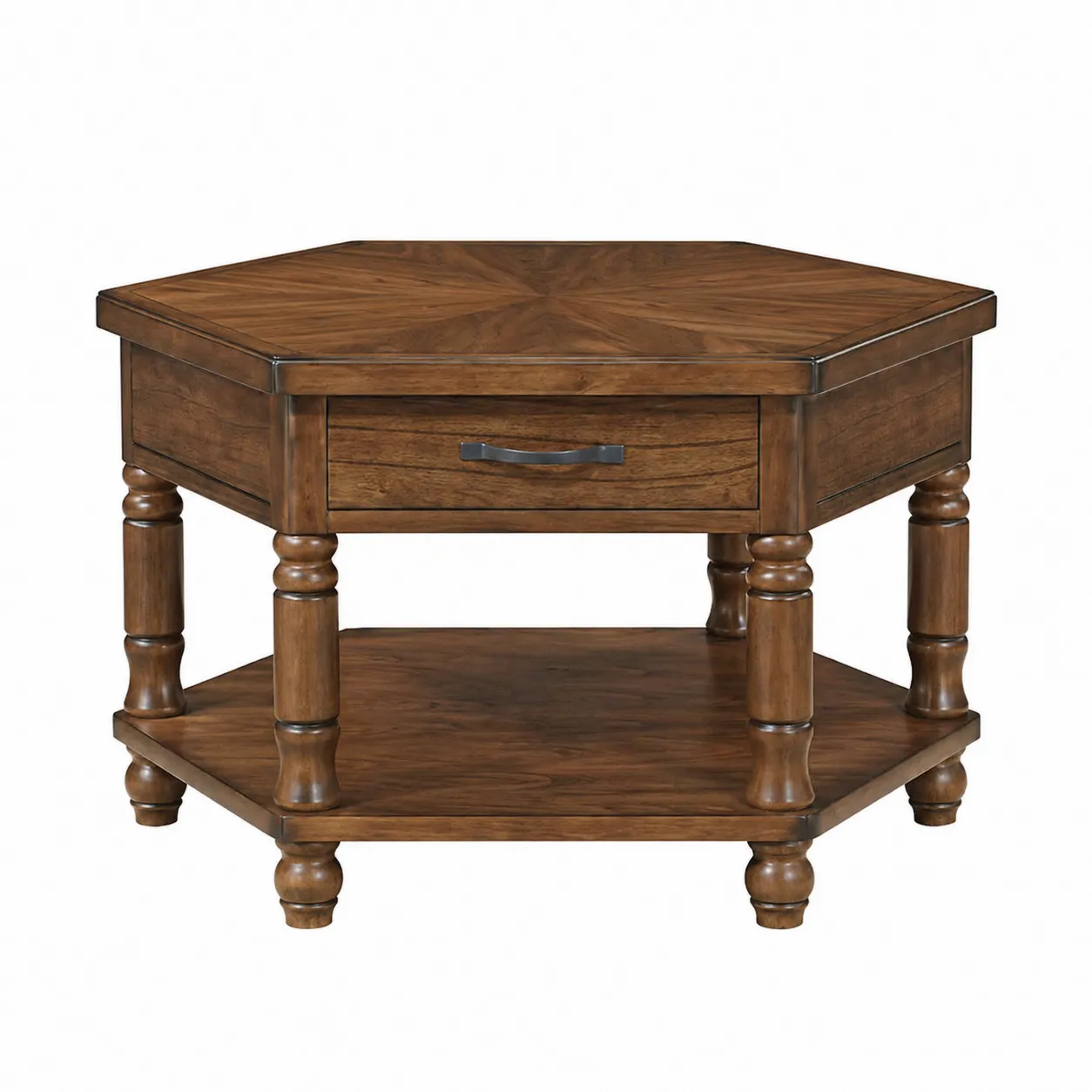 Table basse hexagonale en bois avec tiroir et étagère