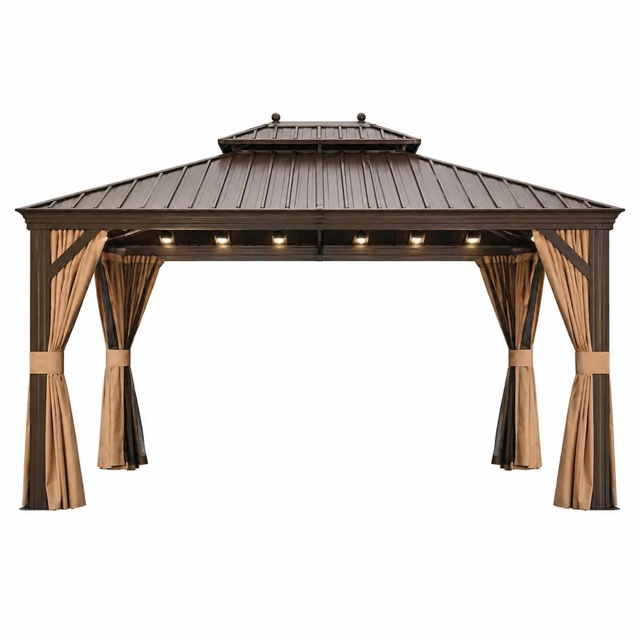 Pavillon en aluminium avec toit en acier et rideaux polyester marron