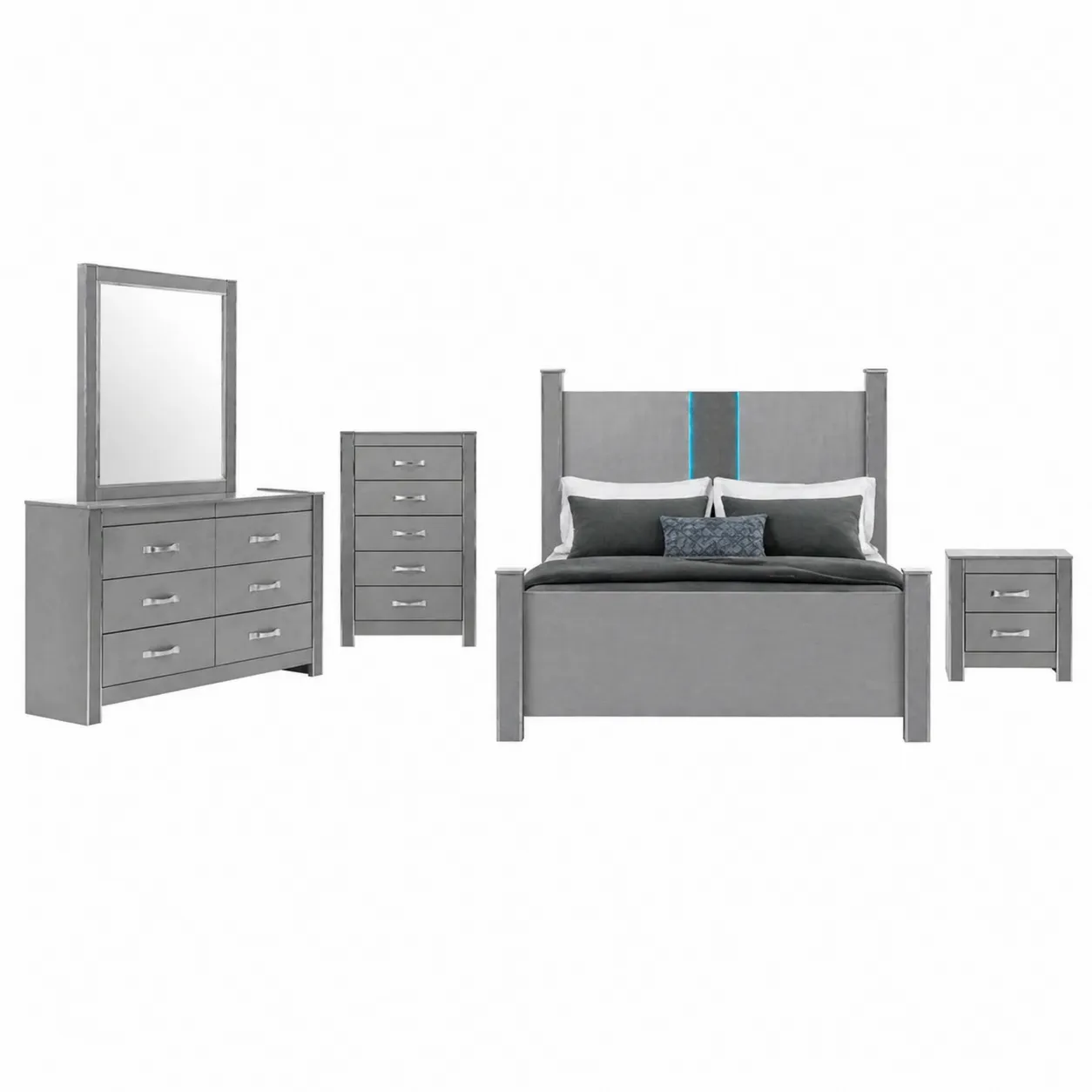 Ensemble de chambre à coucher en bois gris avec lit, commode, chiffonnier et table de chevet