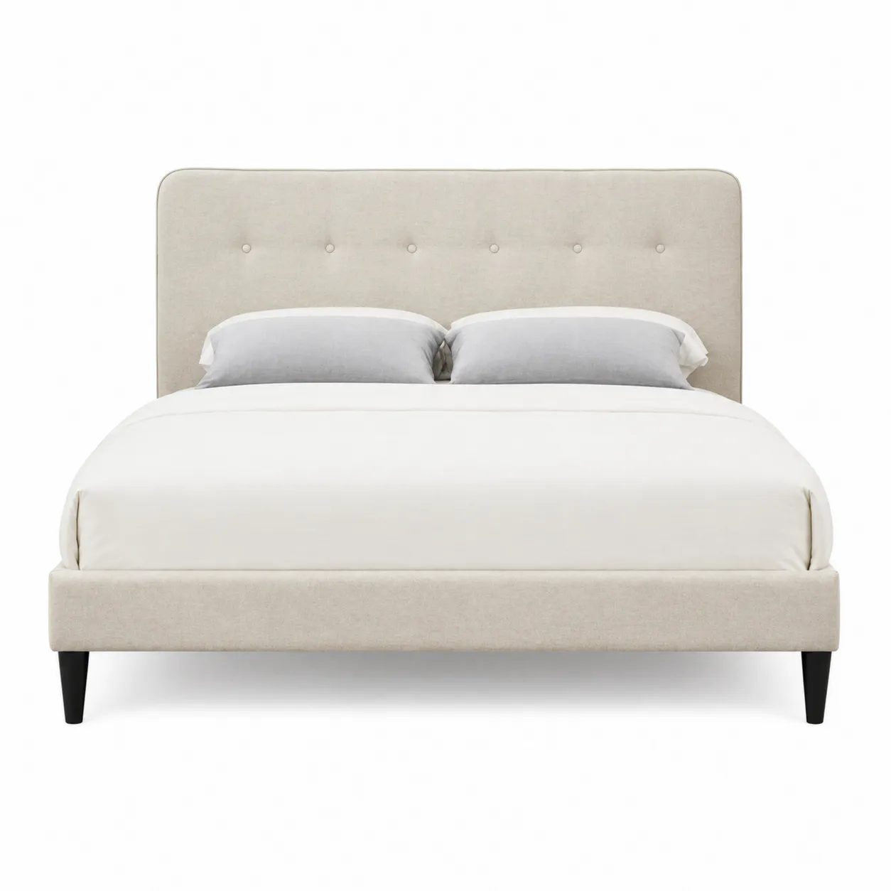 Lit double en bois avec revêtement en tissu beige