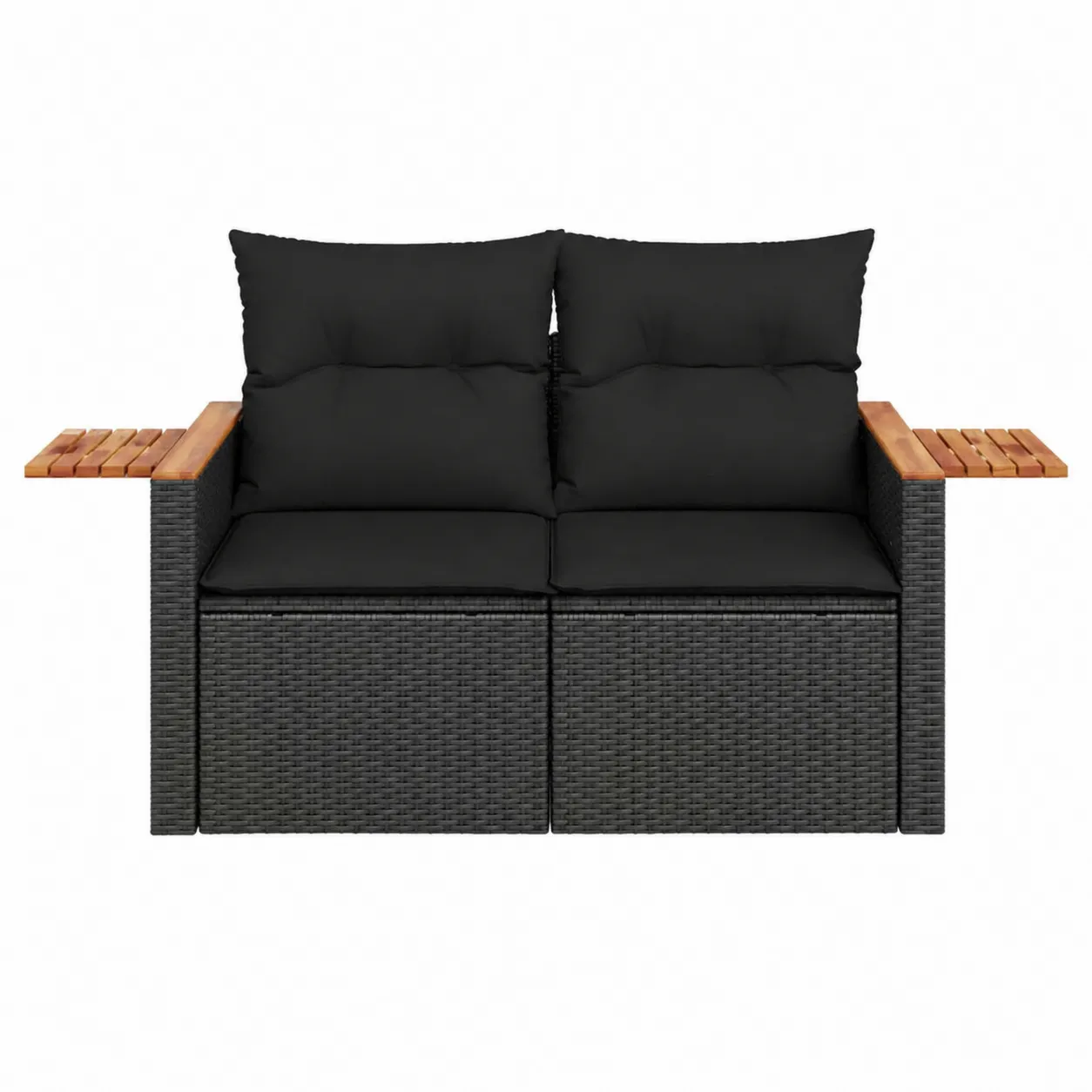 Canapé modulaire d'extérieur en rotin avec accoudoirs en bois et coussins noirs