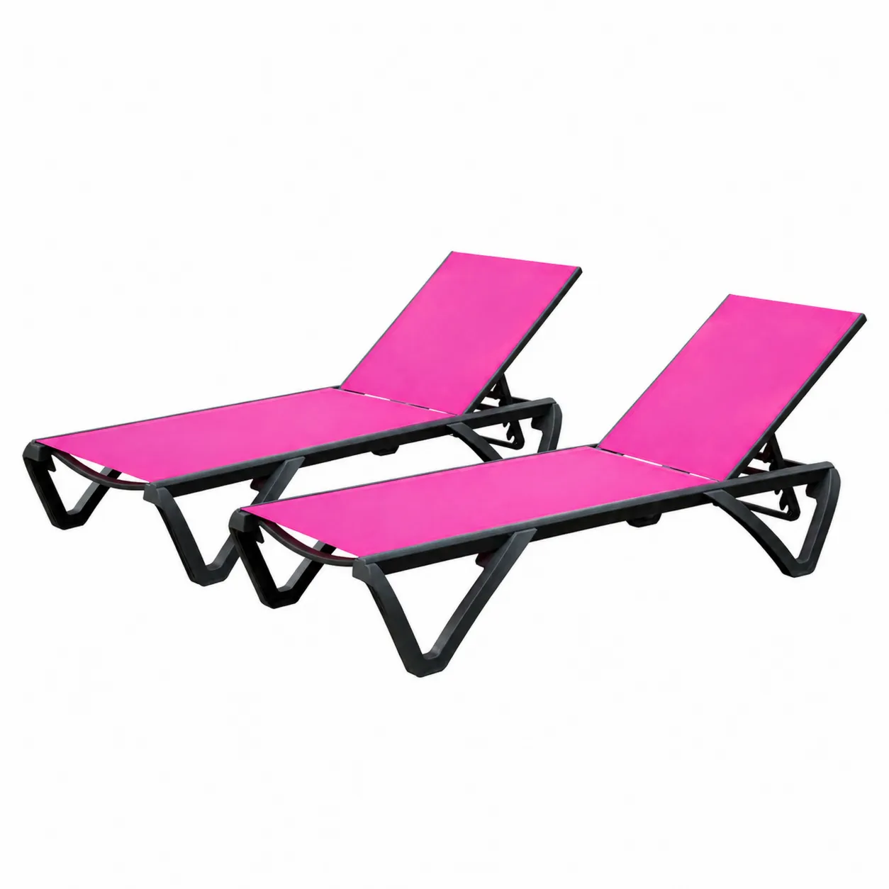 Lot de 2 chaises longues en plastique et tissu rose