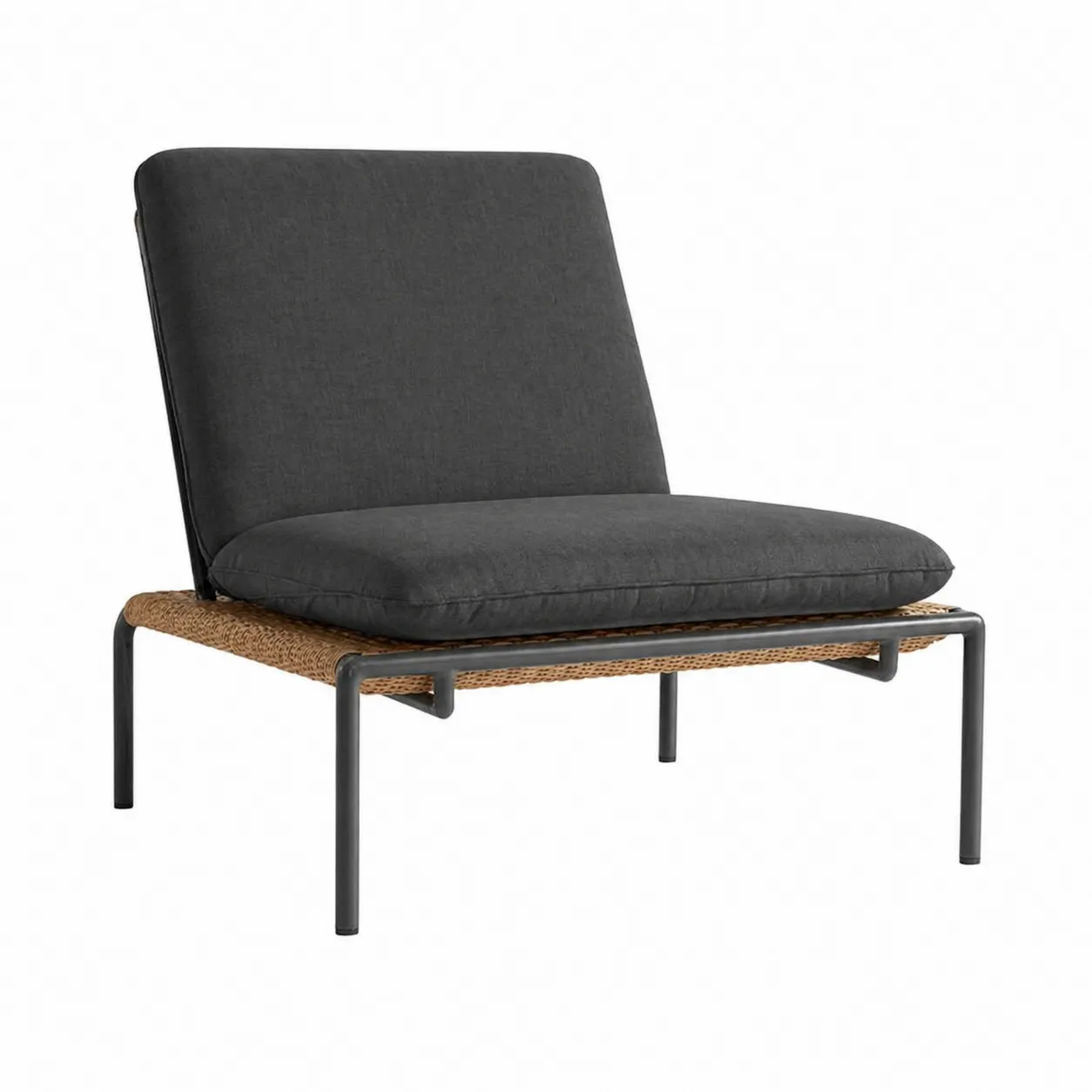 Fauteuil en métal noir et rotin avec coussin en polyester gris