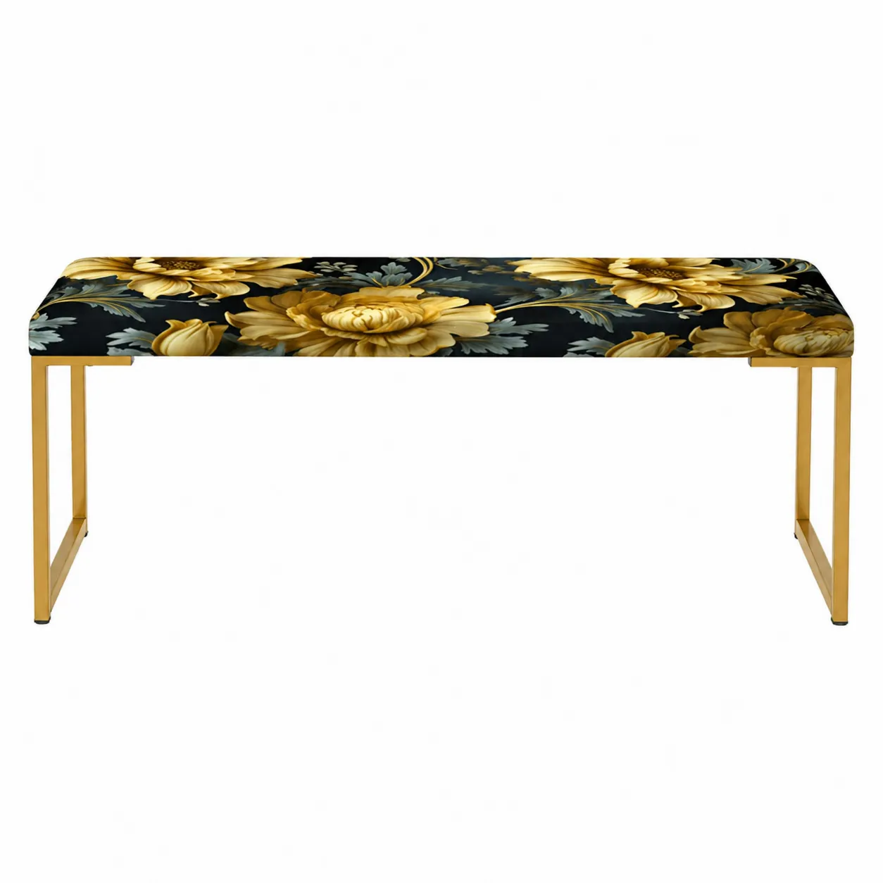 Banc en tissu imprimé floral noir et or avec pieds en métal doré