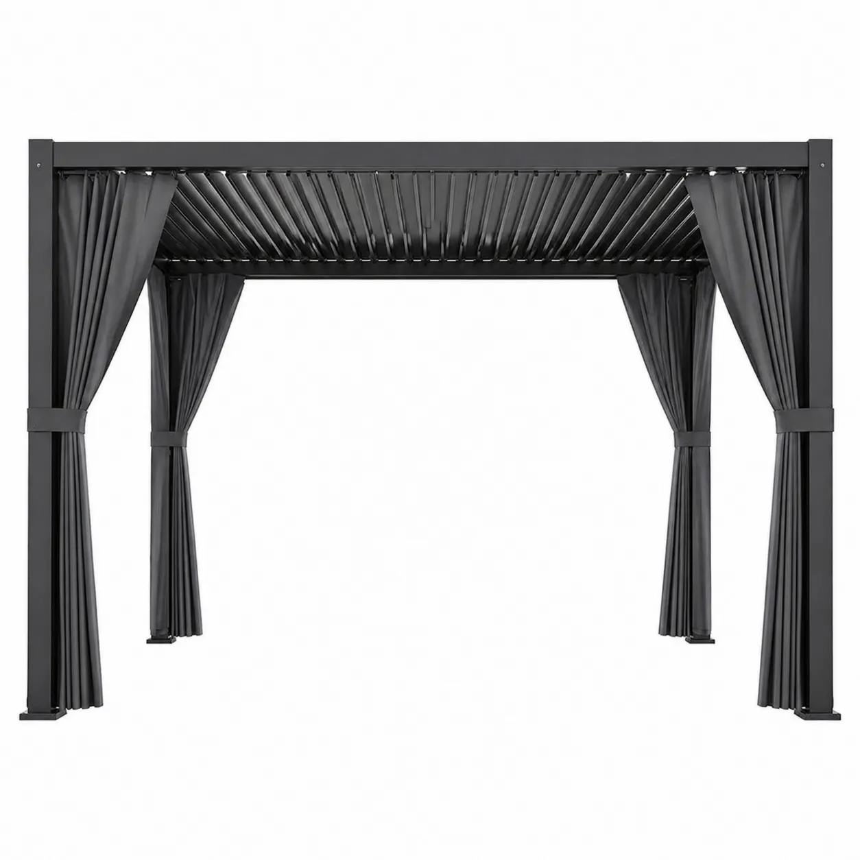 Pergola en aluminium avec rideaux et toit noir