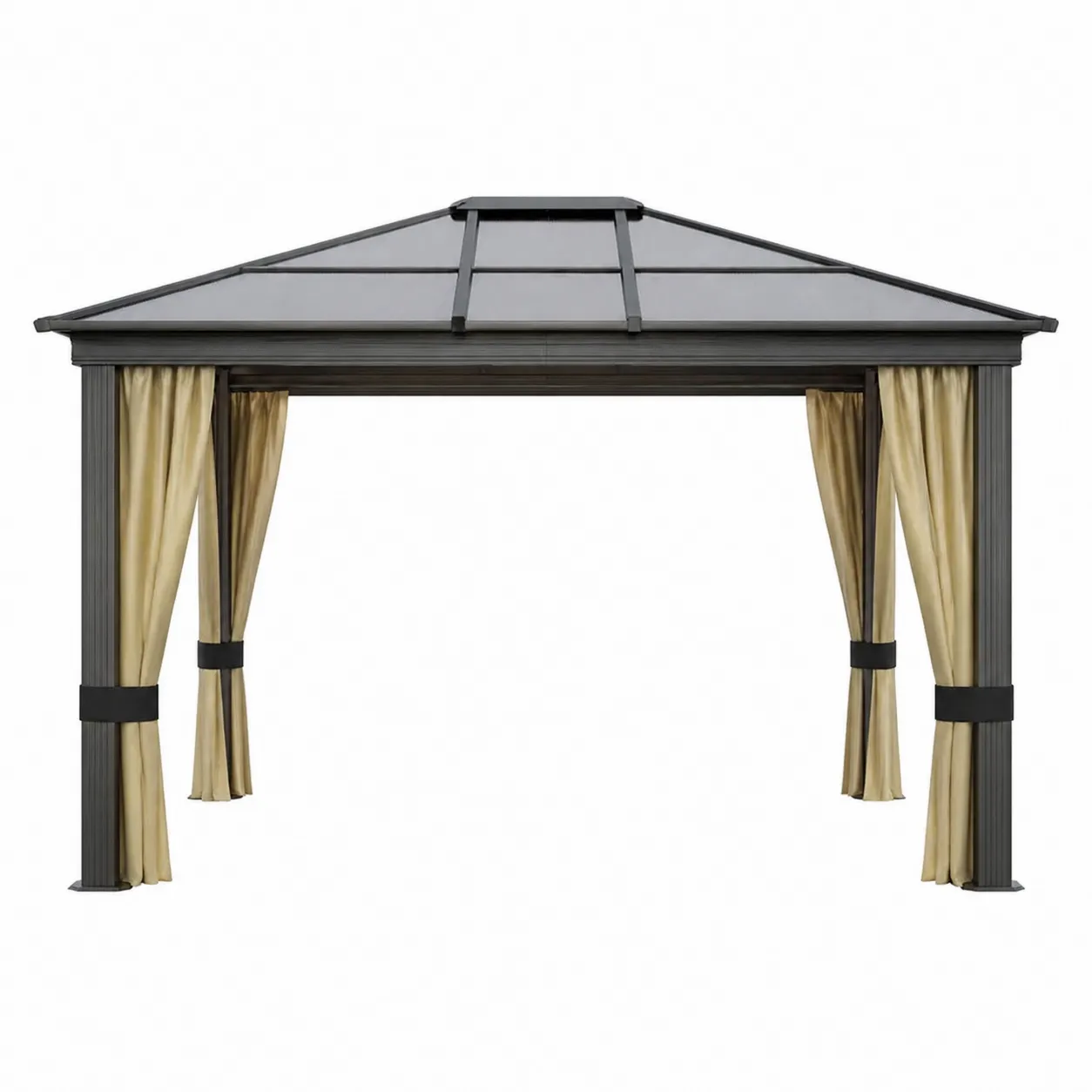 Pavillon en aluminium avec toit en polycarbonate et rideaux crème