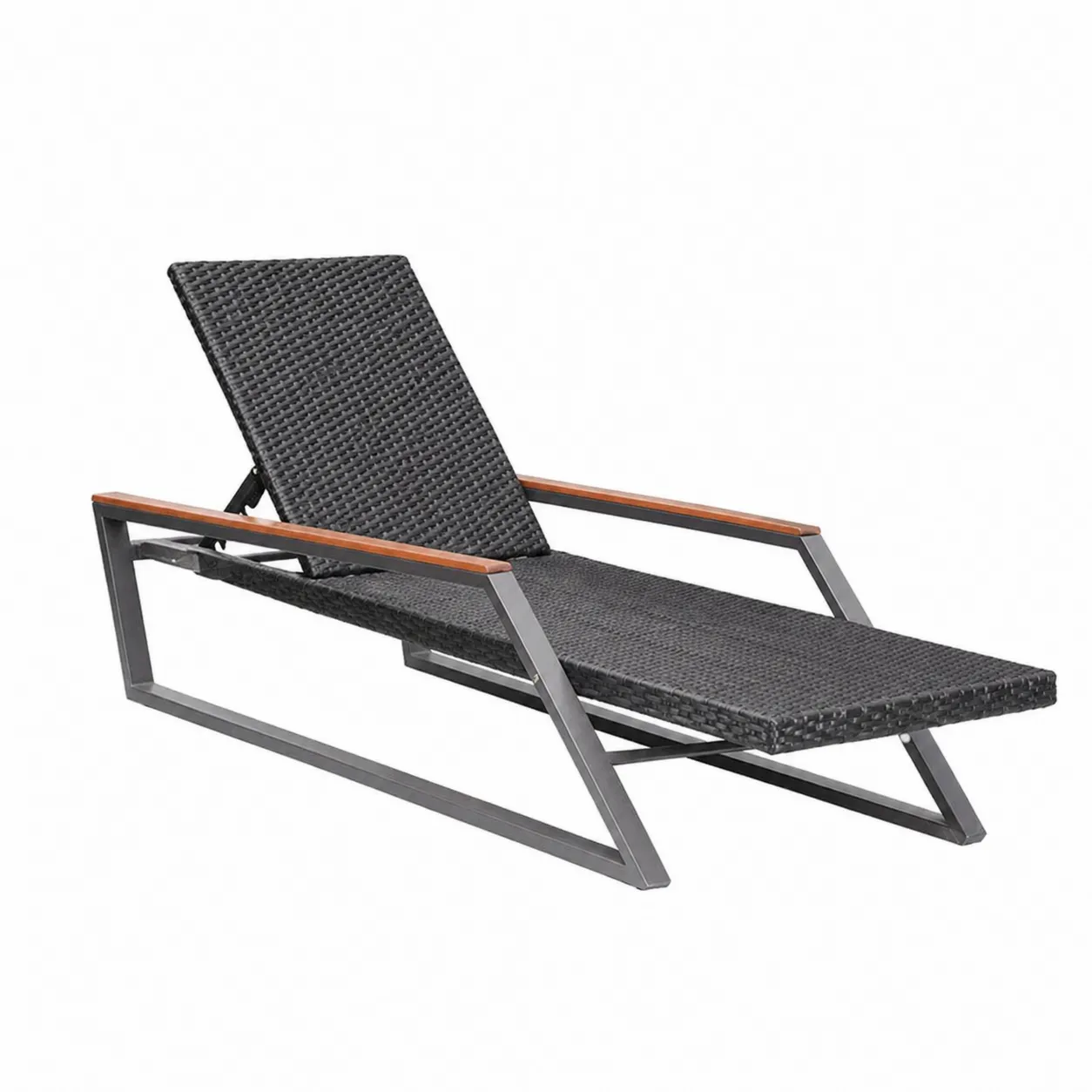 Chaise longue en osier noir et métal gris avec accoudoirs en bois pour extérieur
