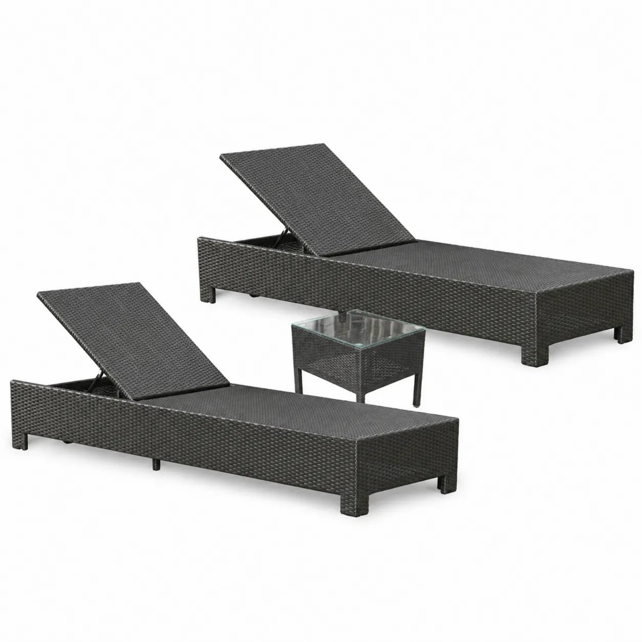 Ensemble de 2 chaises longues en rotin avec table en verre noir