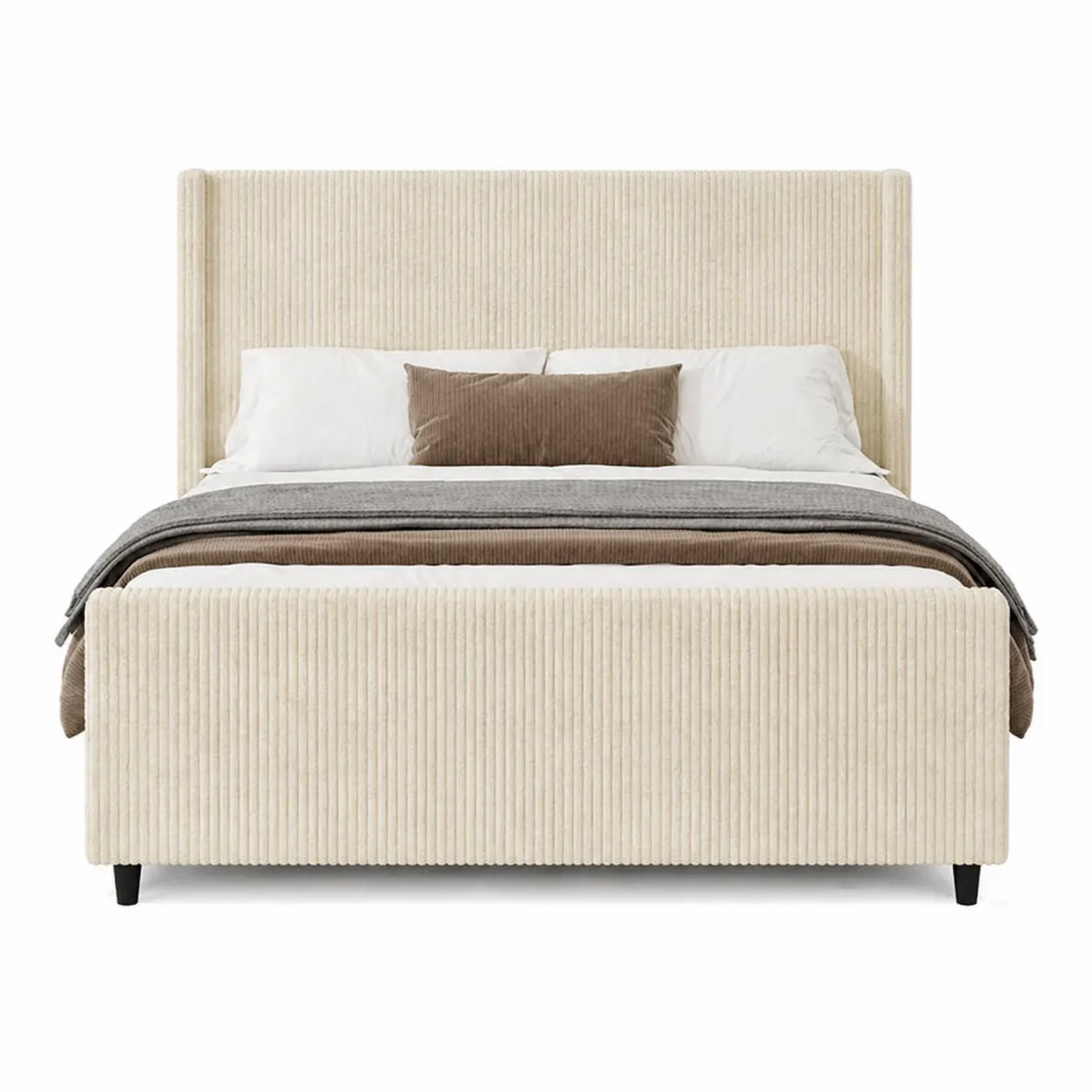 Lit en tissu côtelé beige avec matelas et coussins
