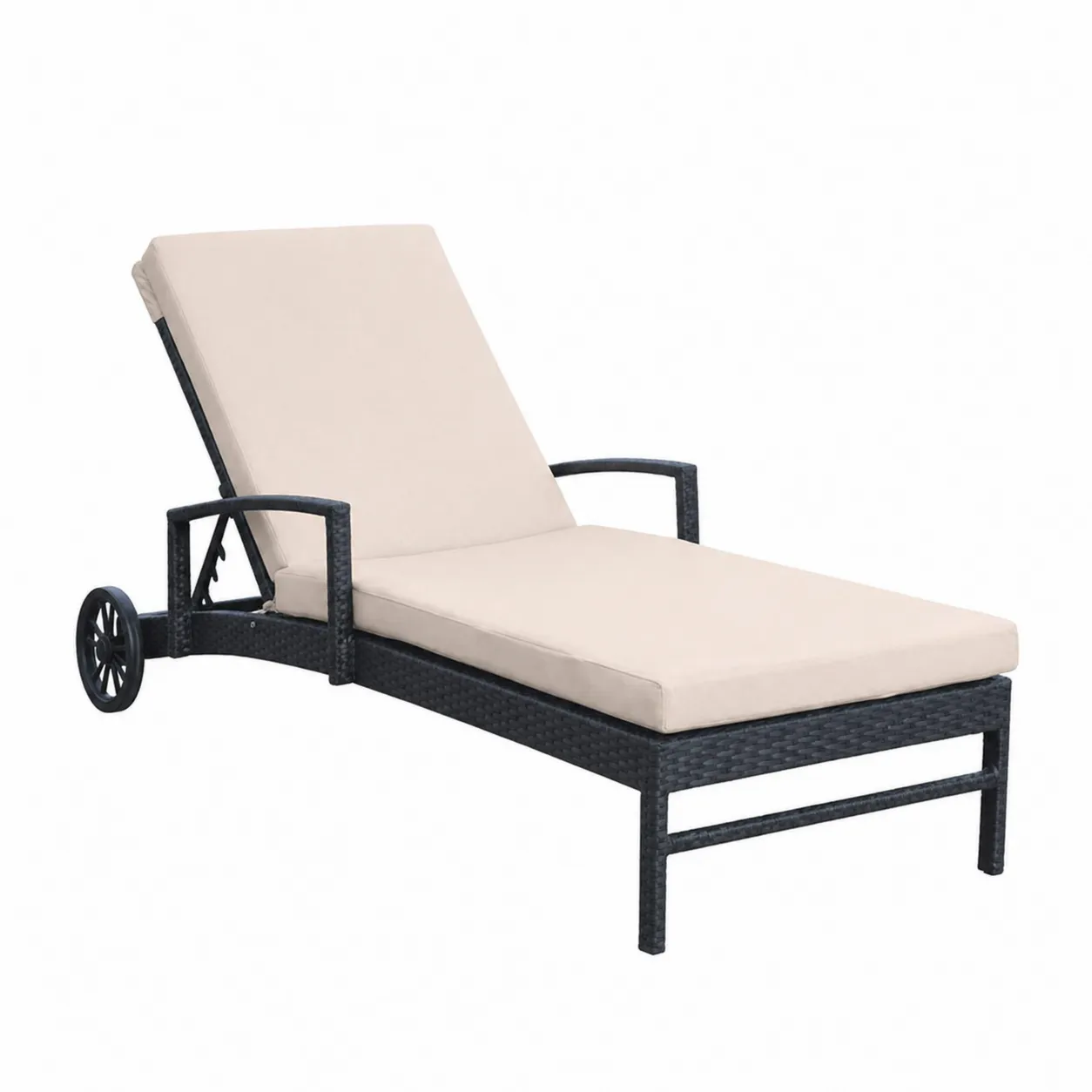 Chaise longue en rotin synthétique Noir avec coussin Beige
