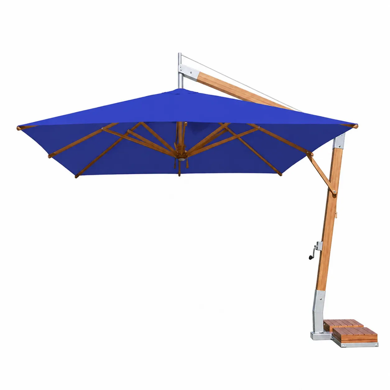Parasol déporté octogonal 3m en tissu polyester bleu avec mât en bois et base métallique