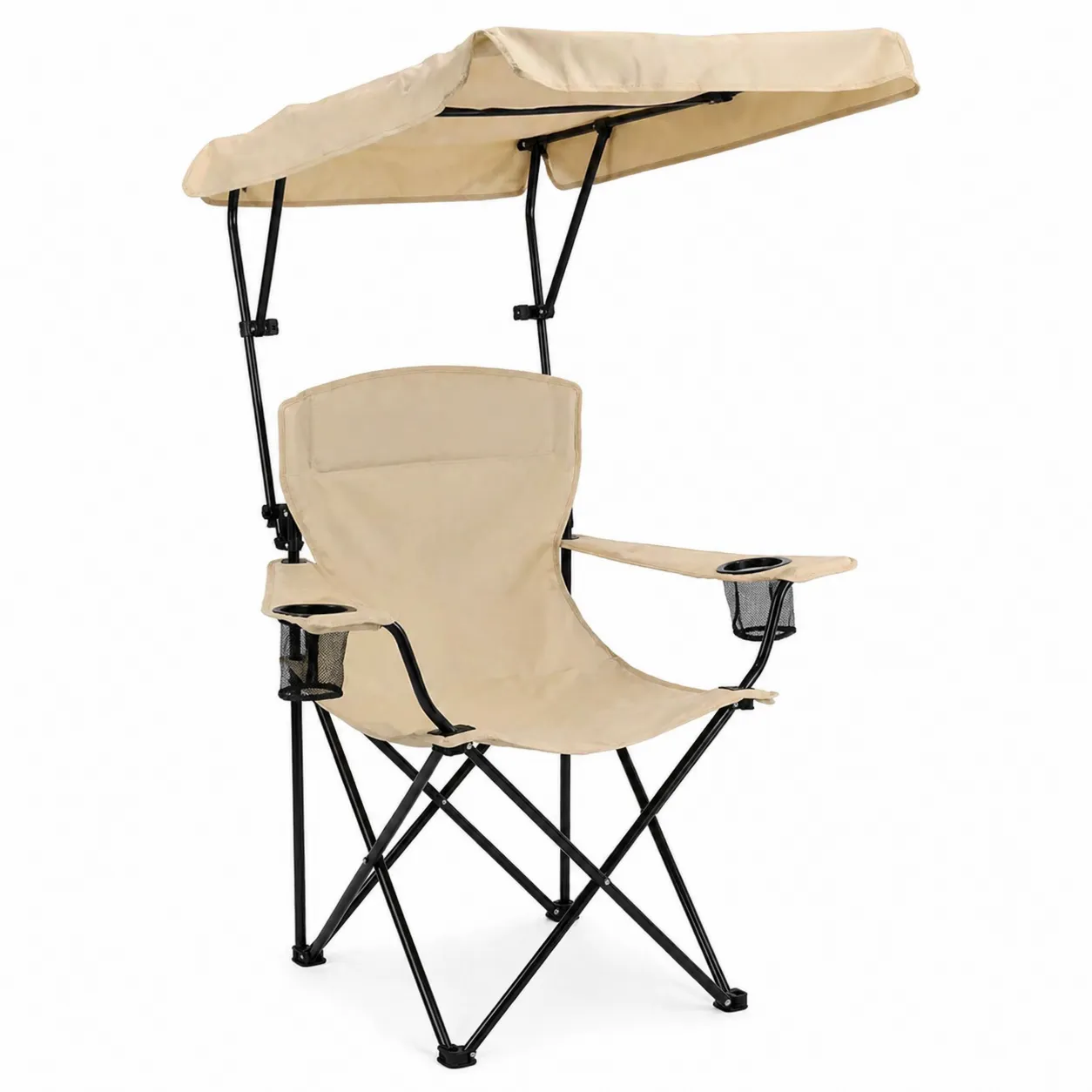 Chaise pliante en métal avec auvent et porte-gobelet Beige