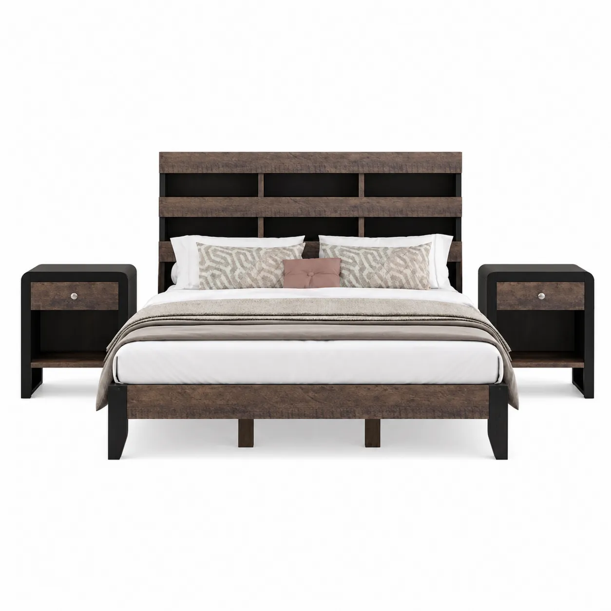 Lit double en bois avec 2 tables de chevet