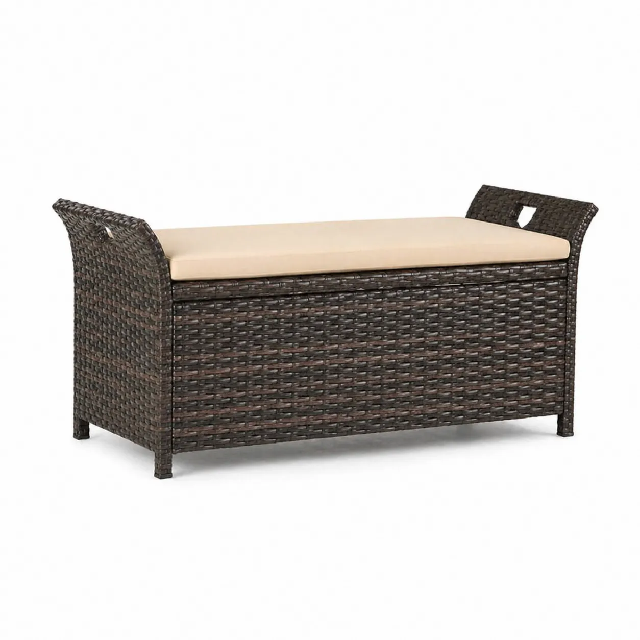 Banc de rangement extérieur en rotin synthétique brun avec coussin beige