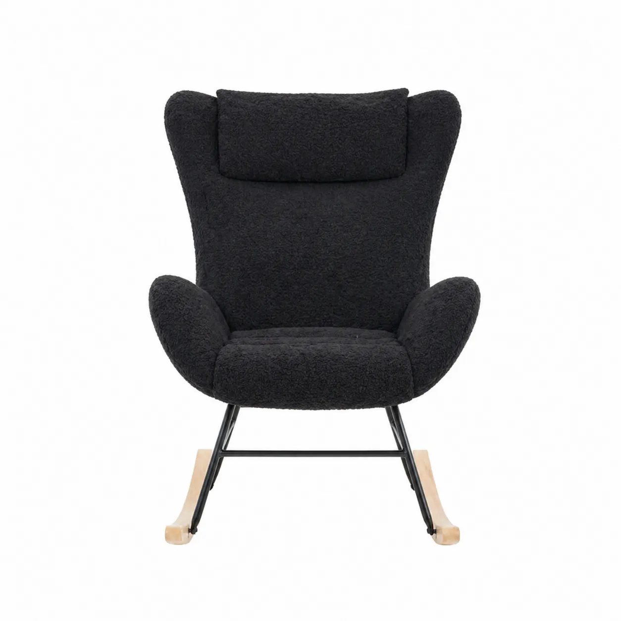 Chaise à bascule en tissu bouclé noir avec structure métallique et pieds en bois