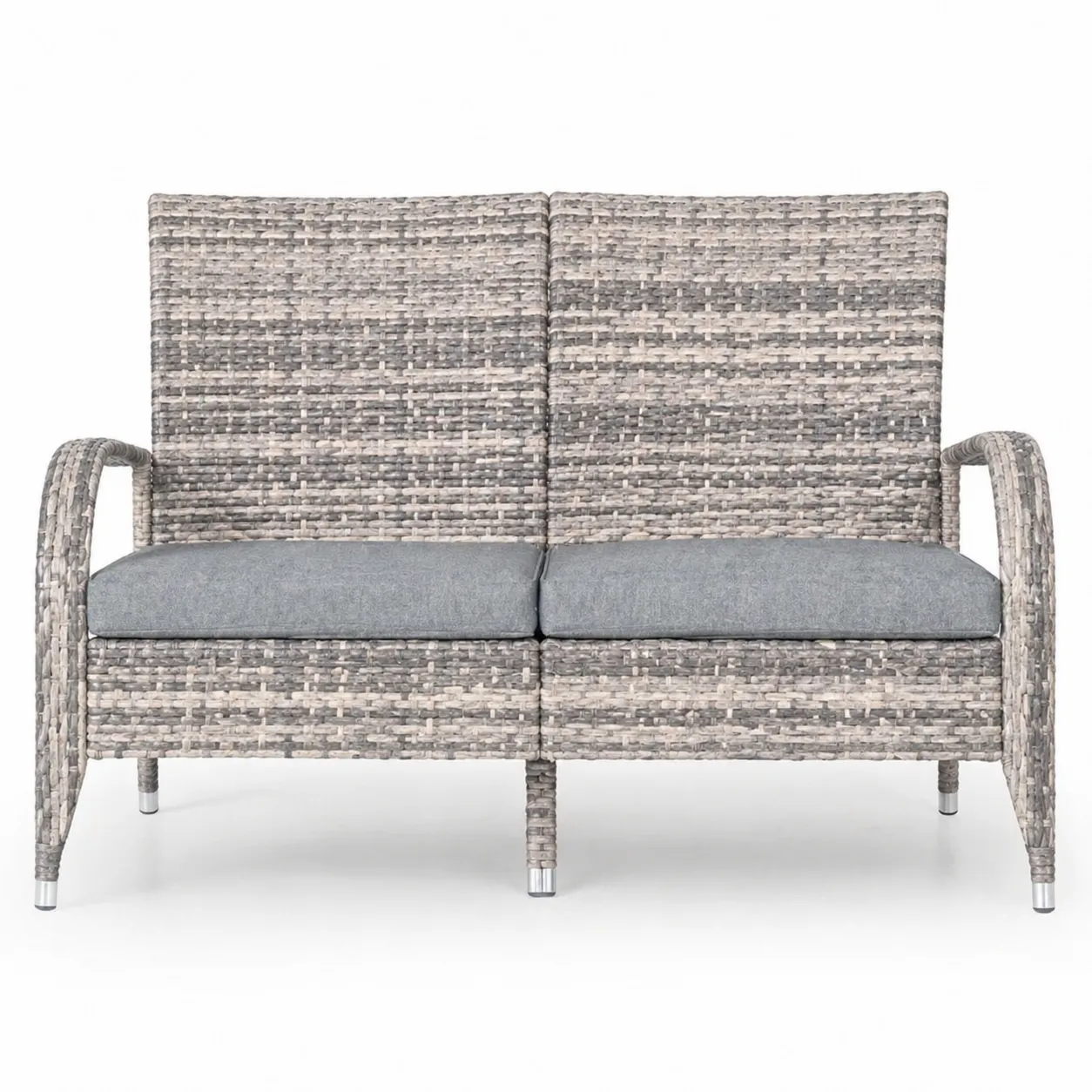 Canapé de jardin en métal et résine tressée gris avec coussins en polyester