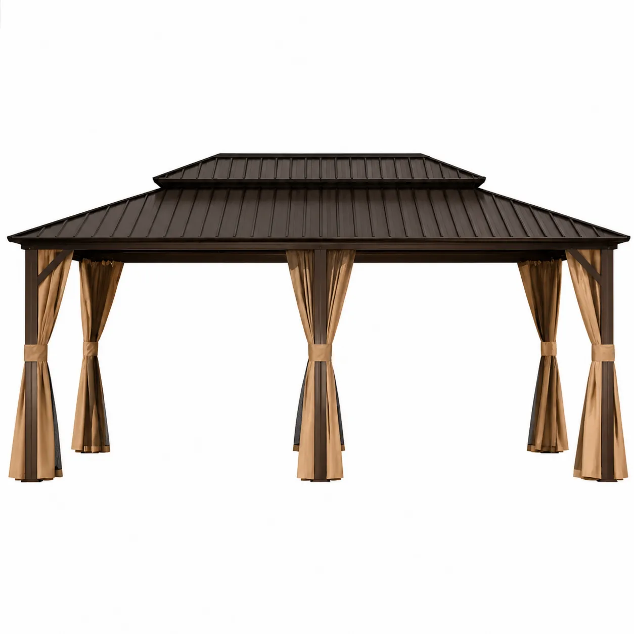 Pavillon en métal avec rideaux en polyester brun, 300x400x270 cm