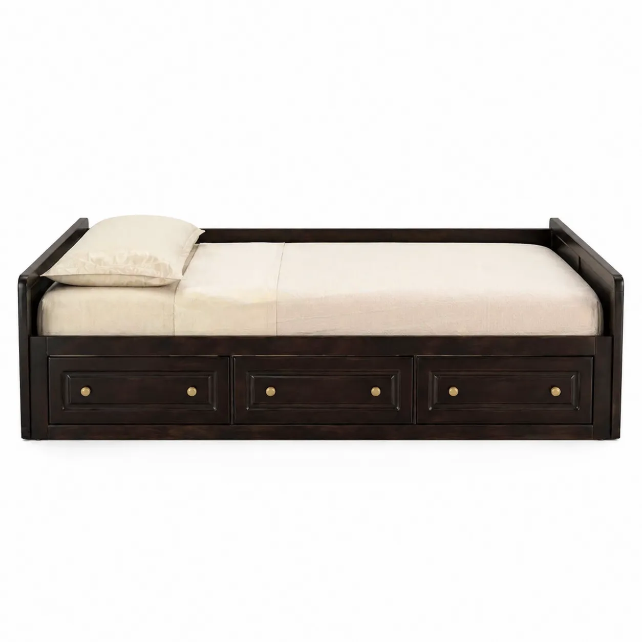 Lit en bois avec tiroirs et matelas en coton beige