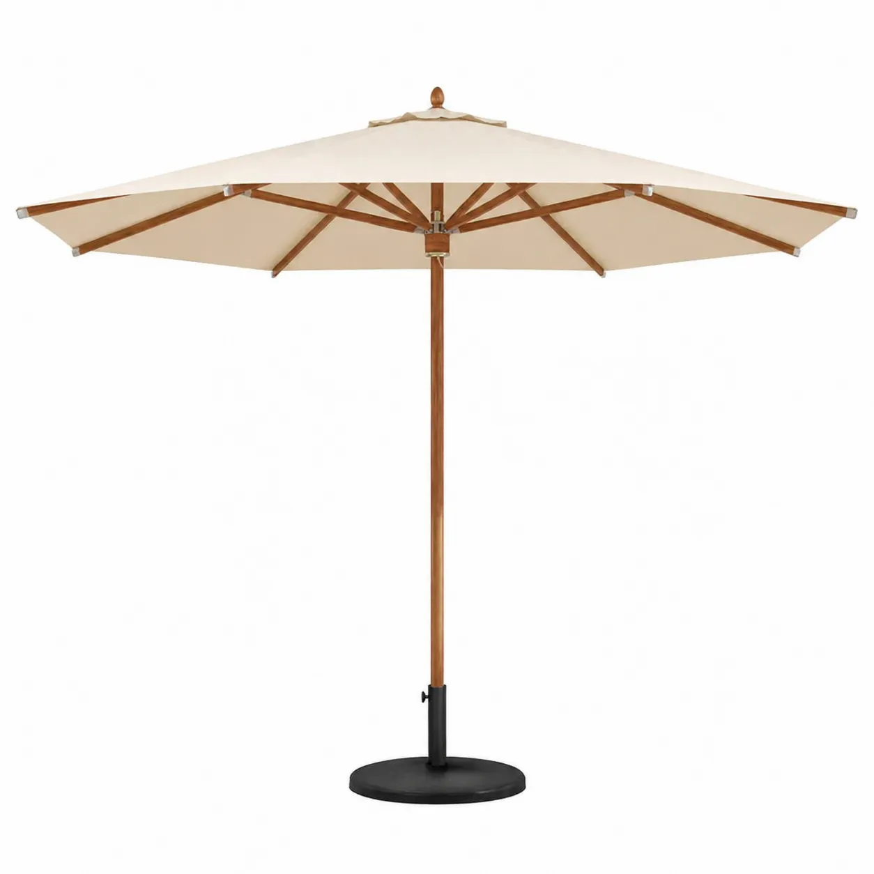 Parasol rond en bois avec toile beige et base en métal