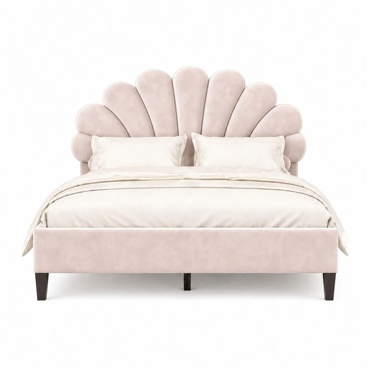 Lit double en bois et velours Beige