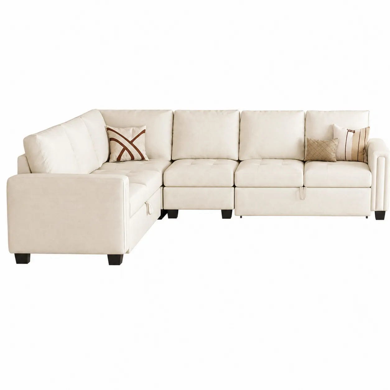 Canapé modulable en L 5 places cuir synthétique Crème