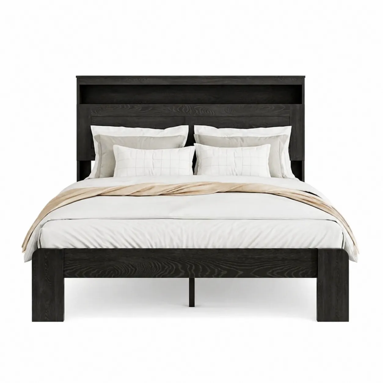 Lit en bois noir avec rangement et drap blanc 140x200 cm