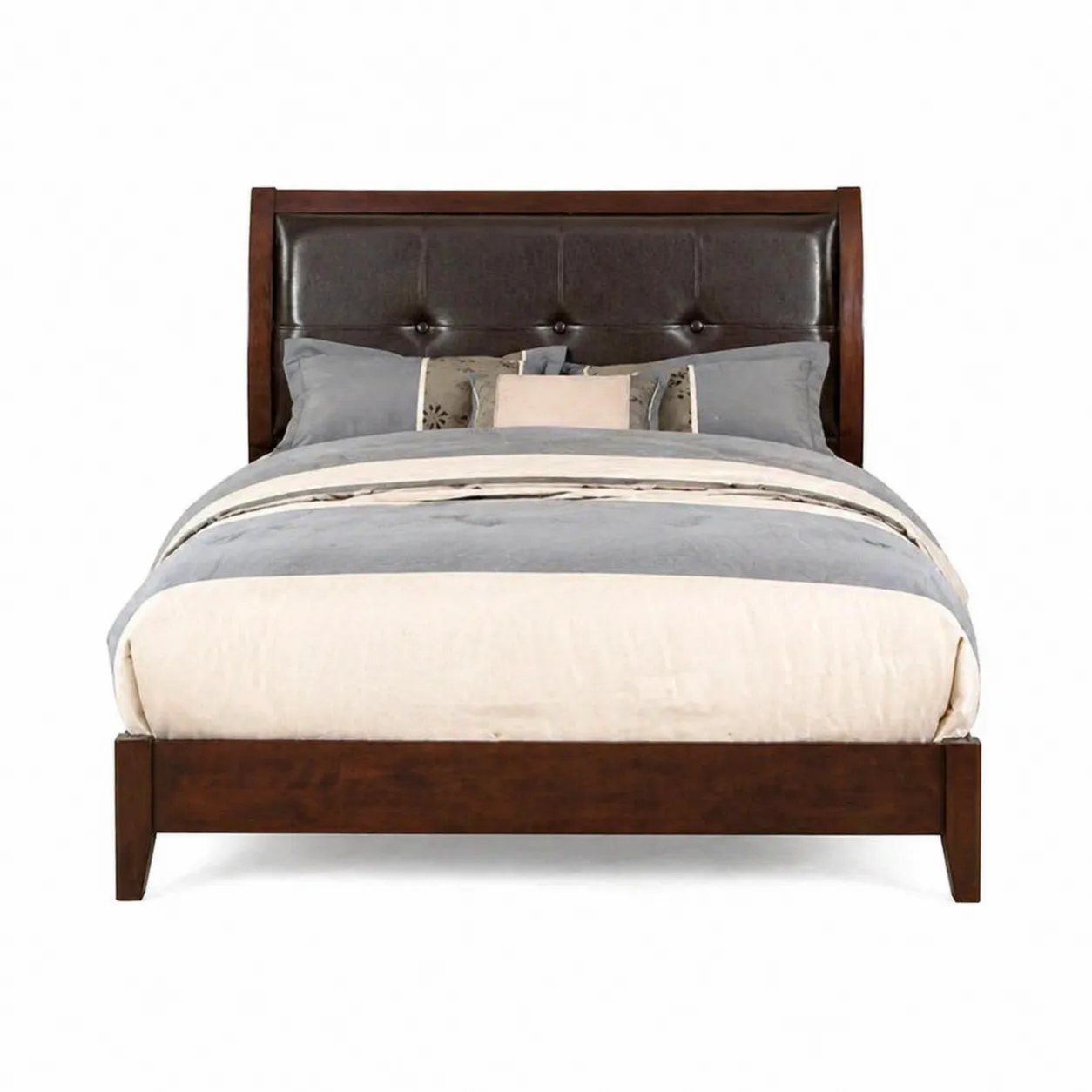 Lit en bois avec tête de lit en cuir synthétique brun