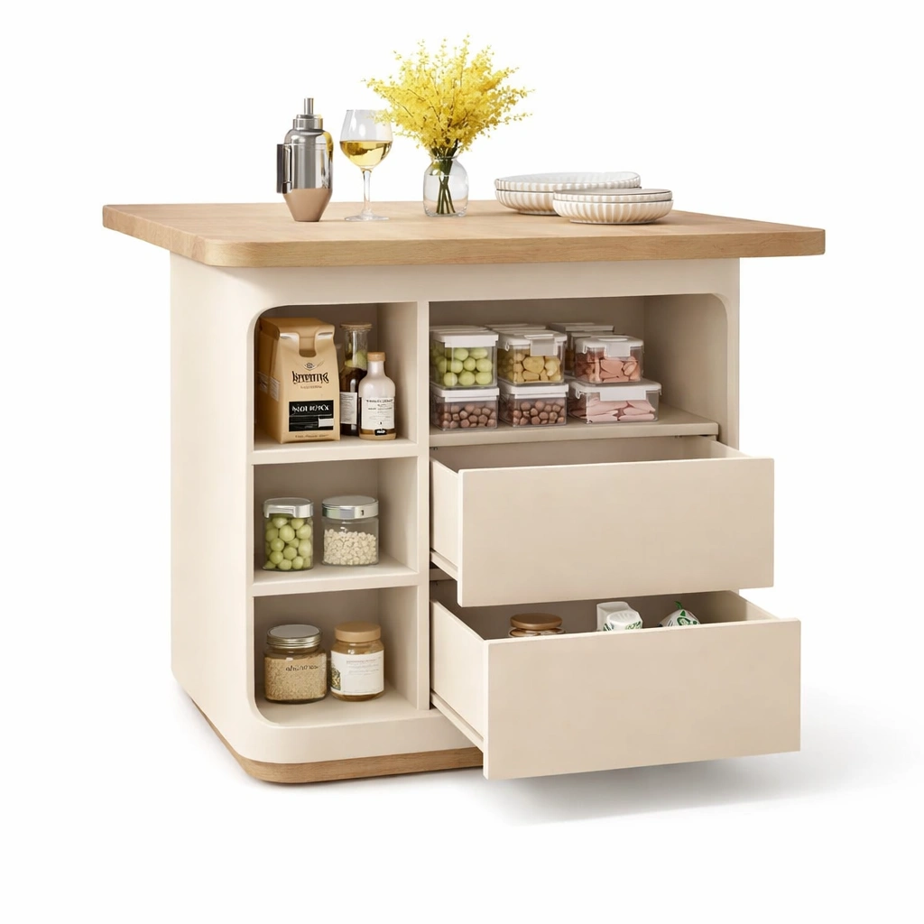 Ausziehbarer Esstisch mit Stauraum und 2 Schubladen f�r 4�C6 Personen, moderne K�cheninsel mit 3 Ebenen, 110�C140 x 80 x 75 cm-cartelyo