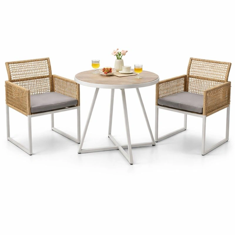 3-teiliges Gartenmoebel Set mit rundem Tisch und 2 Rattan Stuehlen, klappbare Rueckenlehne, Metallgestell, Tischplatte in Holzoptik-cartelyo