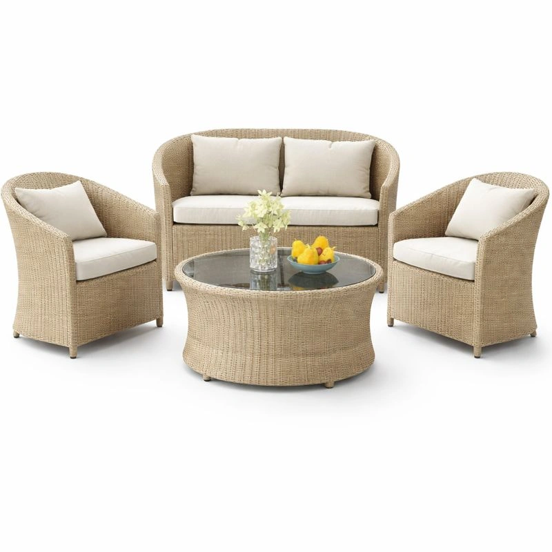 4-teiliges Gartenmoebel Set aus PE-Rattan mit 2-Sitzer Sofa, 2 Sesseln und rundem Couchtisch mit Glasplatte fuer Terrasse und Balkon-cartelyo