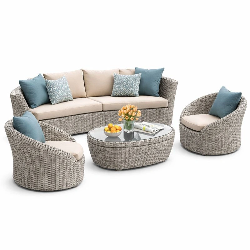 4-teiliges Gartenmoebel Set Polyrattan Lounge Set mit 2-Sitzer Sofa, 2 Sesseln und Couchtisch mit Glasplatte, Outdoor Sitzgruppe fuer Terrasse Balkon Garten-cartelyo