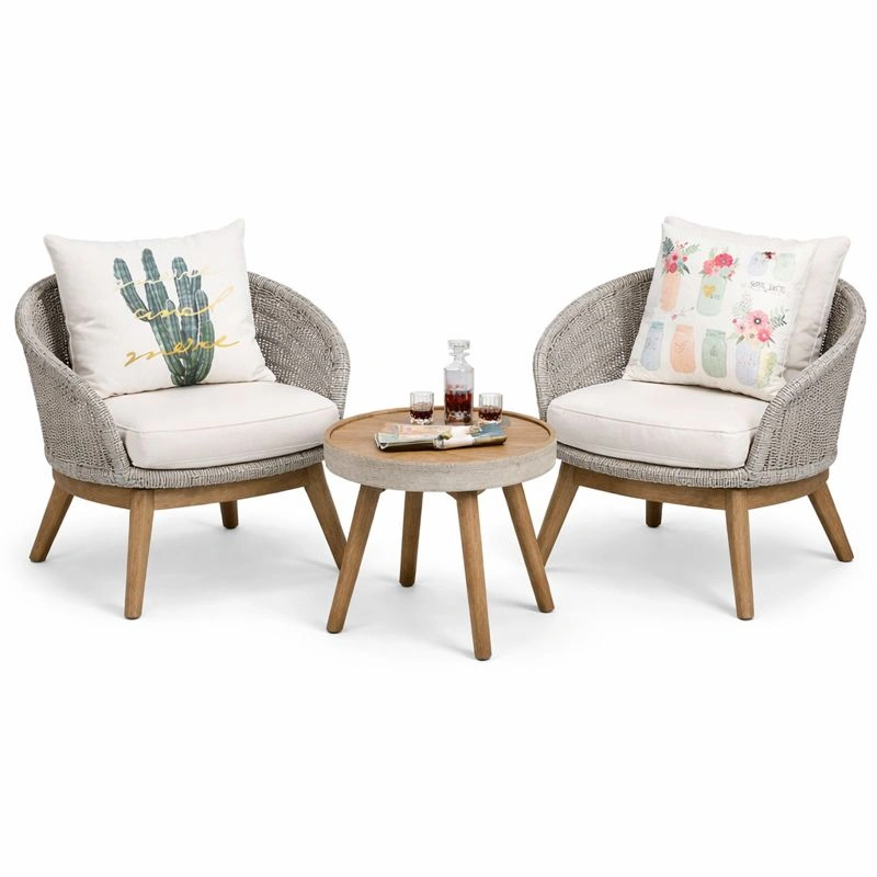 3-teiliges Gartenmoebel Set mit 2 Loungesesseln und Rundem Couchtisch, Rattan Optik, Holzgestell, Abnehmbare Kissen, fuer Balkon Terrasse Garten-cartelyo