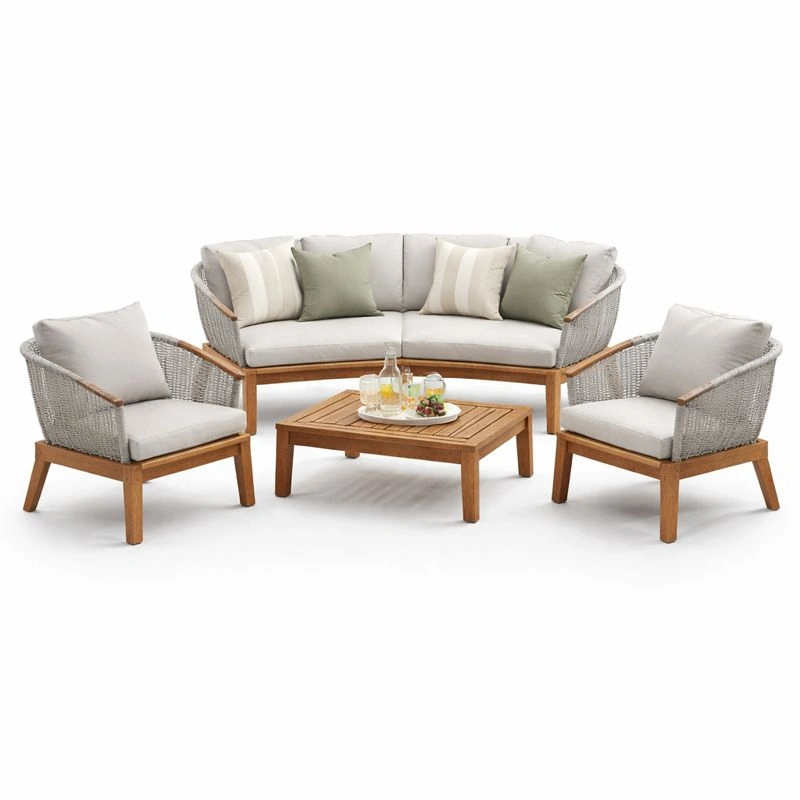 4-teiliges Garten Lounge Set mit 2 Sesseln, 1 Sofa und Couchtisch, modernes Design mit Holzrahmen und Rattan Optik-cartelyo