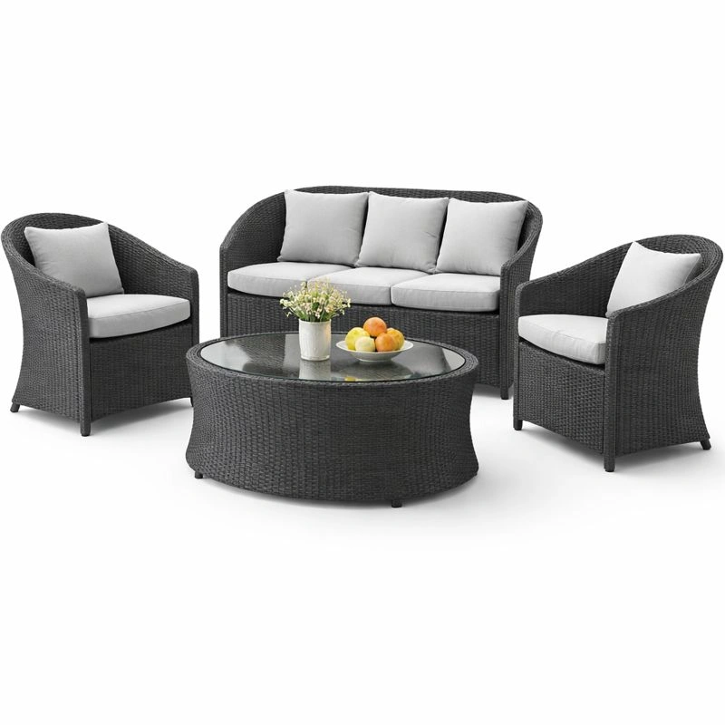 4-teiliges Garten Lounge Set aus Polyrattan mit 2 Sesseln, 2-Sitzer Sofa und rundem Couchtisch mit Glasplatte fuer Terrasse und Balkon-cartelyo