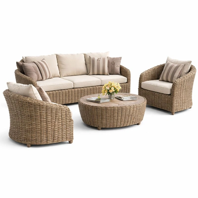 4 teiliges Gartenmoebel Set Polyrattan Lounge Set mit 3 Sitzer Sofa 2 Sesseln und Rundem Couchtisch fuer Terrasse Balkon Garten-cartelyo