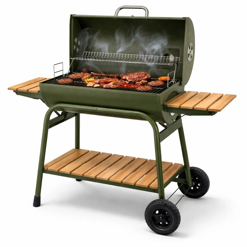 Holzkohlegrill Grillwagen mit Seitenablagen, Barrel BBQ Garten Grill mit Deckel und Thermometer, mobiler Standgrill mit Rollen 105 x 65 x 98 cm Gruen-zolqora