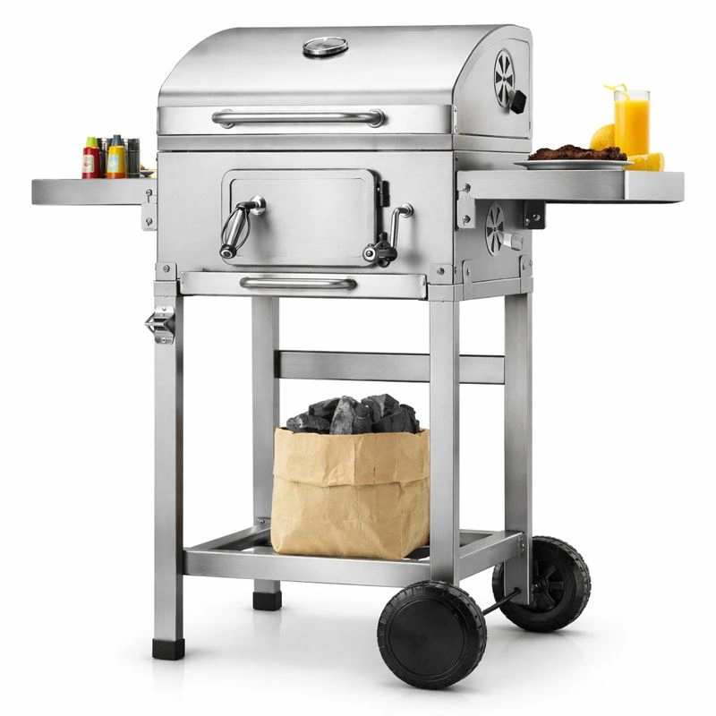 Holzkohlegrill Grillwagen mit Deckel und Thermometer BBQ Smoker Hoehenverstellbar mit 2 Raedern Edelstahl Silber-zolqora