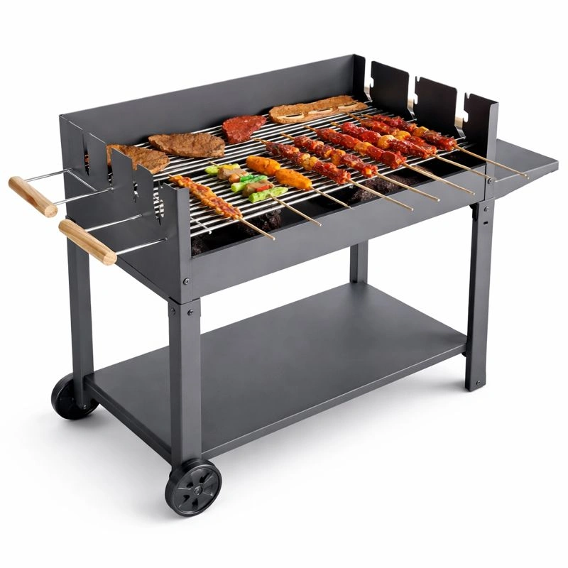 Mobiler Holzkohlegrill mit Doppelgrillrost und Hoehenverstellung, Grillwagen mit Rollen und seitlicher Ablage, stabiler BBQ Standgrill fuer Garten und Terrasse Schwarz-zolqora