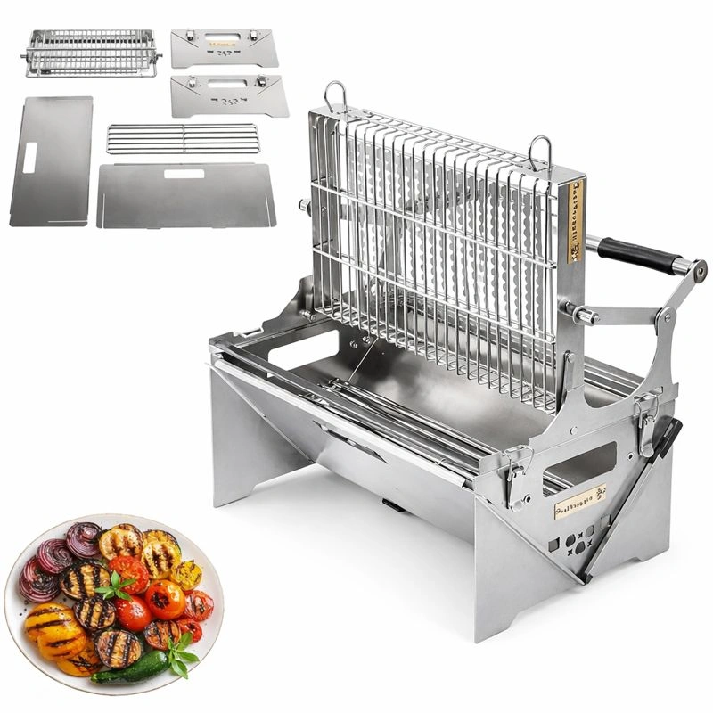 360 Grad Drehbarer Holzkohlegrill Tragbarer Edelstahl Grill mit Grillkorb Abnehmbarer Aschewanne und 3 Stufen Hoehenverstellung Silber-zolqora