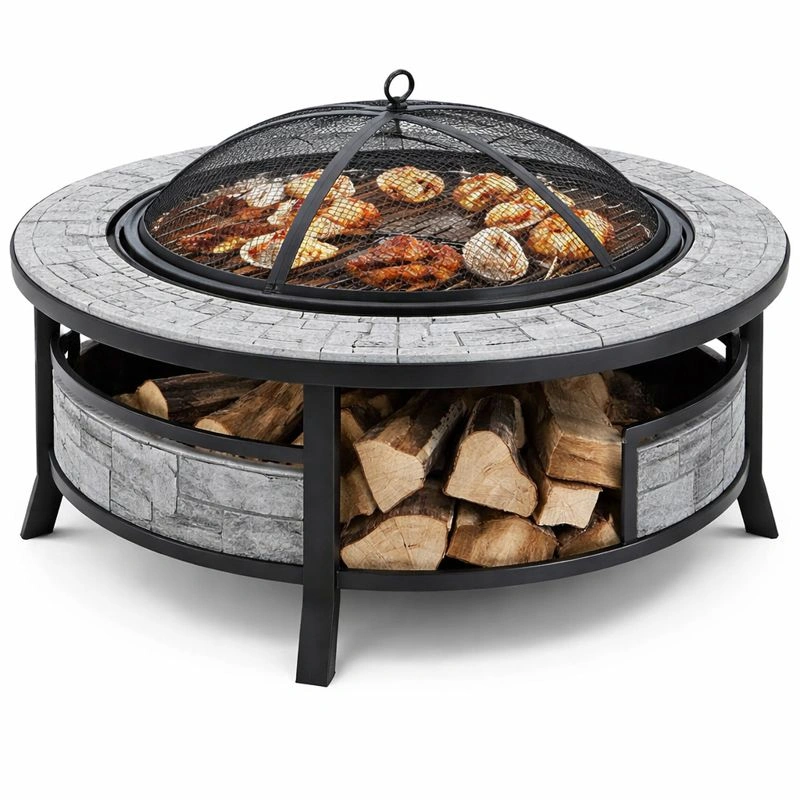 Runder Holzkohle Grilltisch Feuerstelle mit Funkenschutz Grillrost und Holzablage Garten Brazier Tisch-zolqora