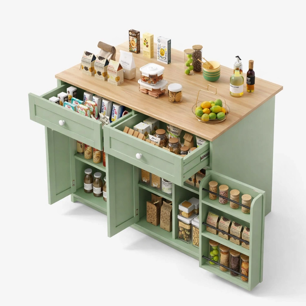 Kuecheninsel mit Rollen und Klapparbeitsplatte, 2 Schubladen und 3 Tueren, Multifunktionaler Stauraum-zolqora