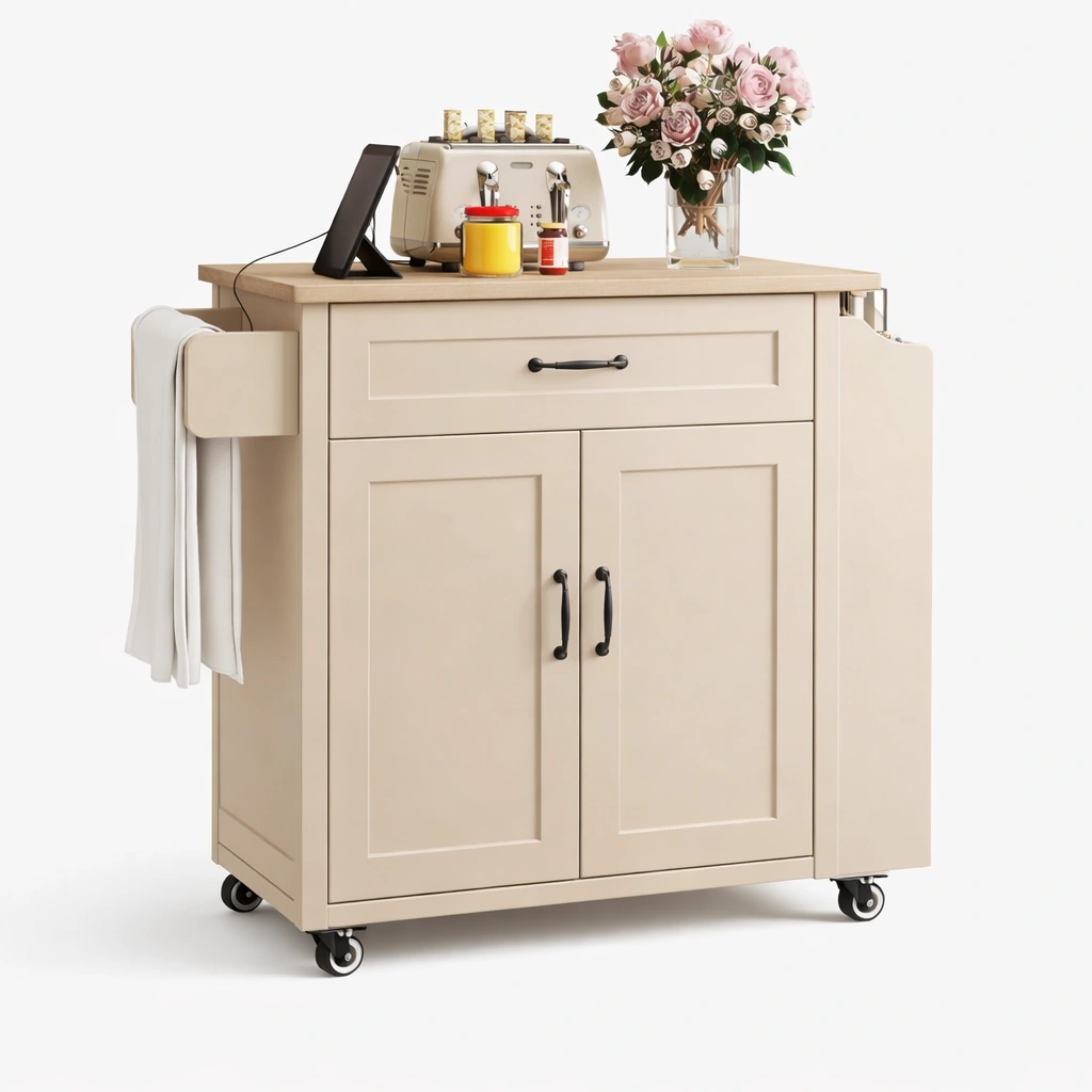 Kuecheninsel Rollwagen mit Klapparbeitsplatte und USB Anschluss 2 Tueren 1 Schublade Beige-zolqora