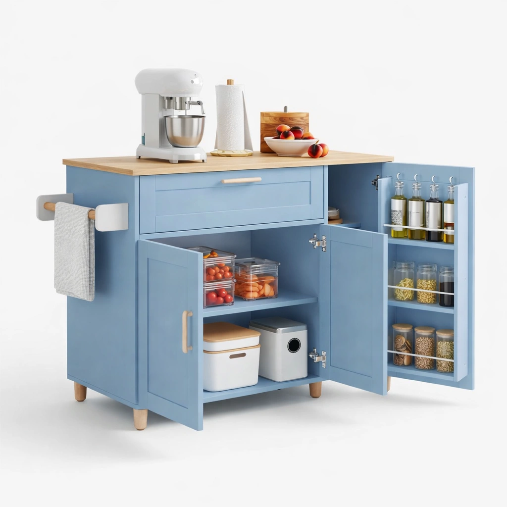 Kuecheninsel Wagen mit Klapparbeitsplatte und Stauraum, Multifunktionaler Kuechenwagen mit Rollen und Handtuchhalter, Blau Holzoptik-zolqora