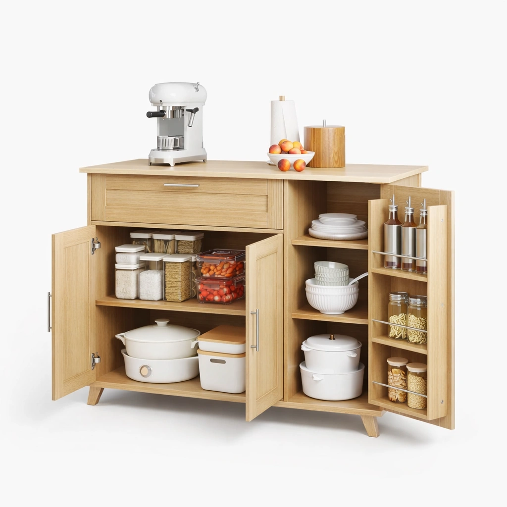 Kuecheninsel Rollwagen mit Klappbarer Arbeitsplatte und Stauraum Schrank 132.5 x 70 x 90 cm Holzoptik-zolqora