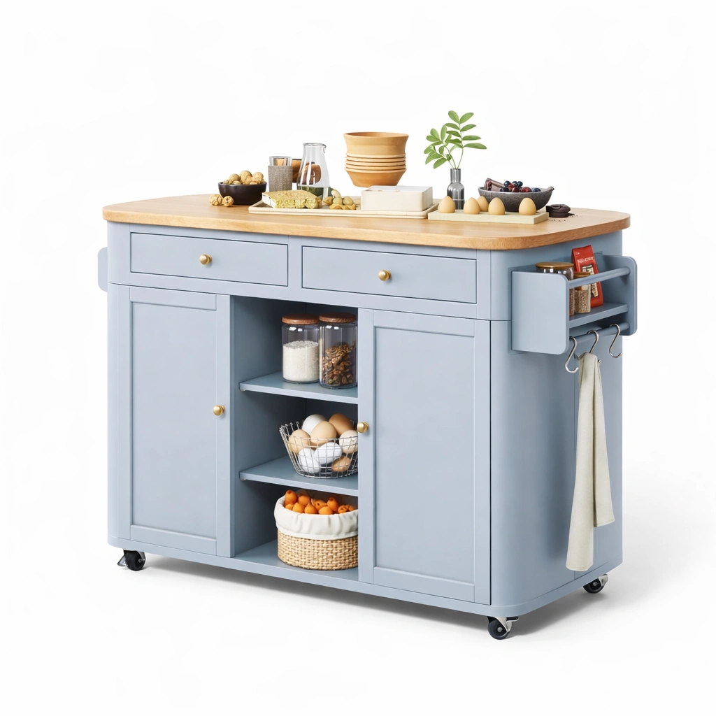Kuecheninsel auf Rollen mit klappbarer Arbeitsplatte und Stauraum Schubladen und Regal-zolqora