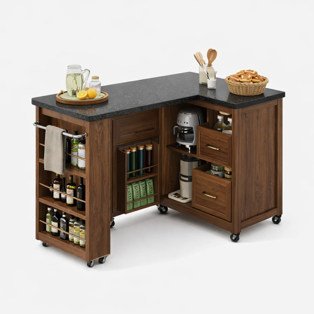 Ausziehbarer Bartisch mit Stauraum und Drehfunktion, Kuecheninsel mit Regalen und Schubladen-zolqora