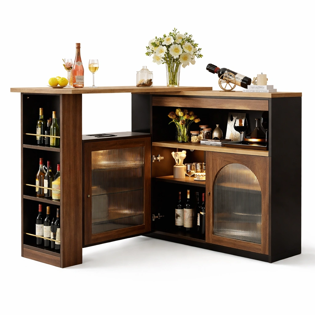 Ausziehbarer Bartisch mit Stauraum Drehbar 360 Grad Glas Tueren Hoehenverstellbare Regalbretter Schwarz Holzoptik-zolqora